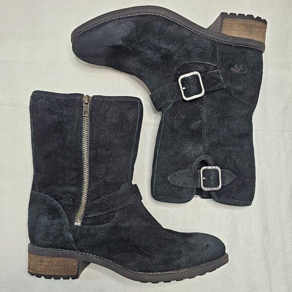 UGG Australia Black Suede Leather Shearling Zip Mid Calf Boots Women's Size 6 - Picture 5 of 11